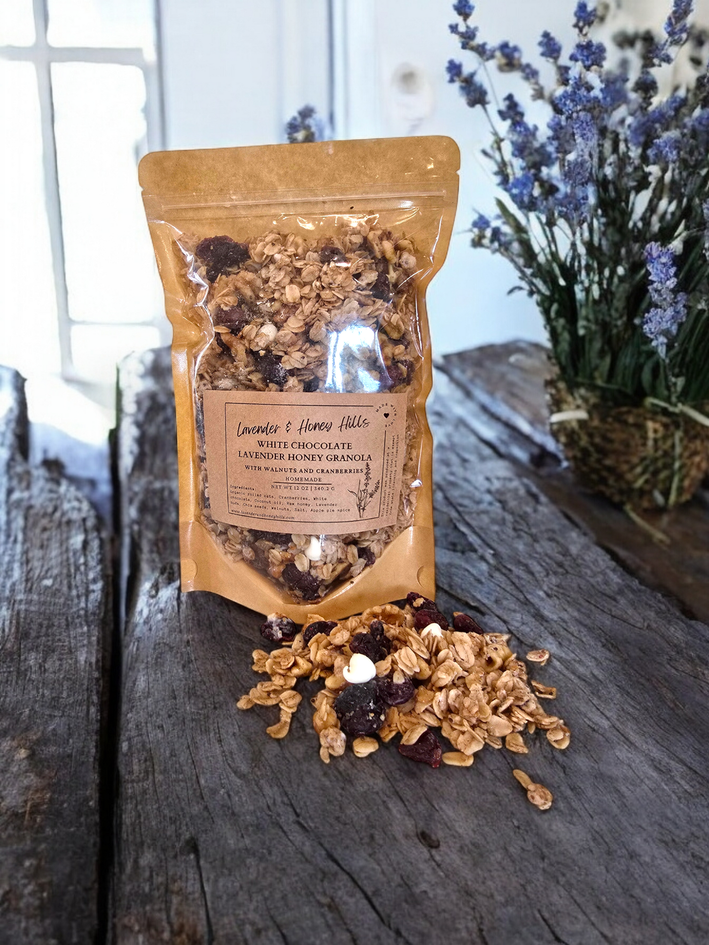 White Chocolate Lavender Honey Granola (with walnuts and cranberries)